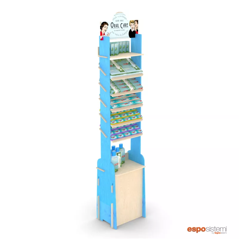espositore in legno con ripiani inclinati
